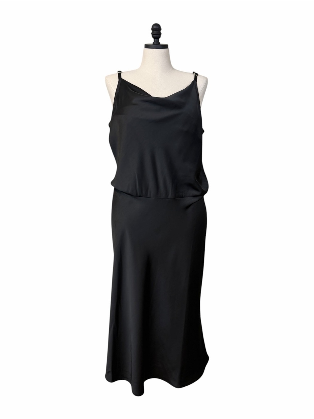 Ava and Viv Midi Dress 1X Satin Cowl Neck Adjustable Strap Black Cocktail Party